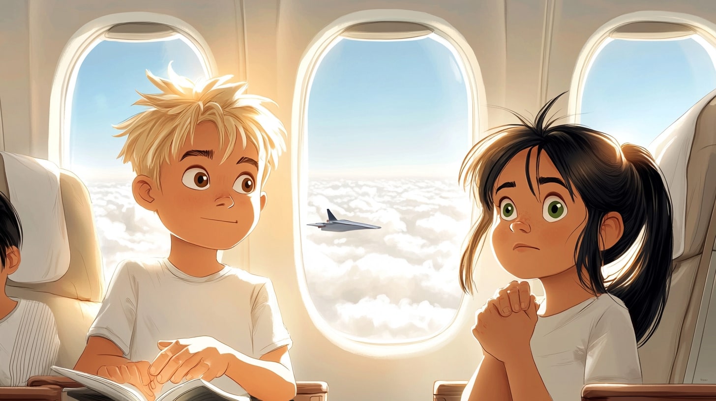 Tom und Hanna - Flug nach Spanien: Überwinde Flugangst und entdecke den Himmel als Abenteuer. Hannas Furcht weicht Toms ermutigenden Worten.