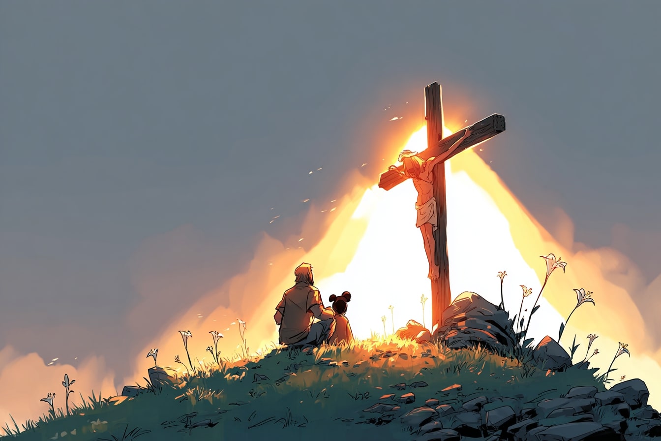 Farbiges Comicbild von Jesus am Kreuz auf Golgatha mit zwei weiteren Kreuzen, freundlicher Stil für Kinder geeignet.