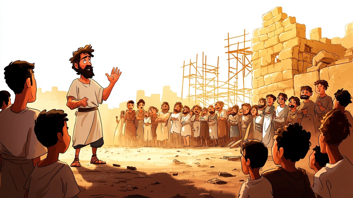 Haggai ruft zum Wiederaufbau des Tempels auf – kindgerecht erzählt mit Ausmalbildern und inspirierender Botschaft für Kinder im Alter von 3–5 Jahren.