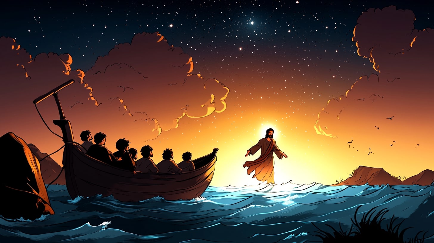 Jesus geht auf dem Wasser – eine biblische Geschichte für Kinder (3-5 Jahre) mit Ausmalbildern, kindgerecht erzählt und spannend illustriert.