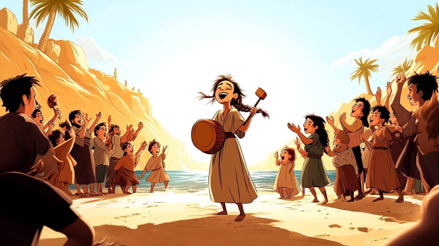 Das Lied der Mirjam am Schilfmeer kindgerecht erzählt, mit Ausmalbildern und Impulsen für Kinder im Alter von 3 bis 5 Jahren.