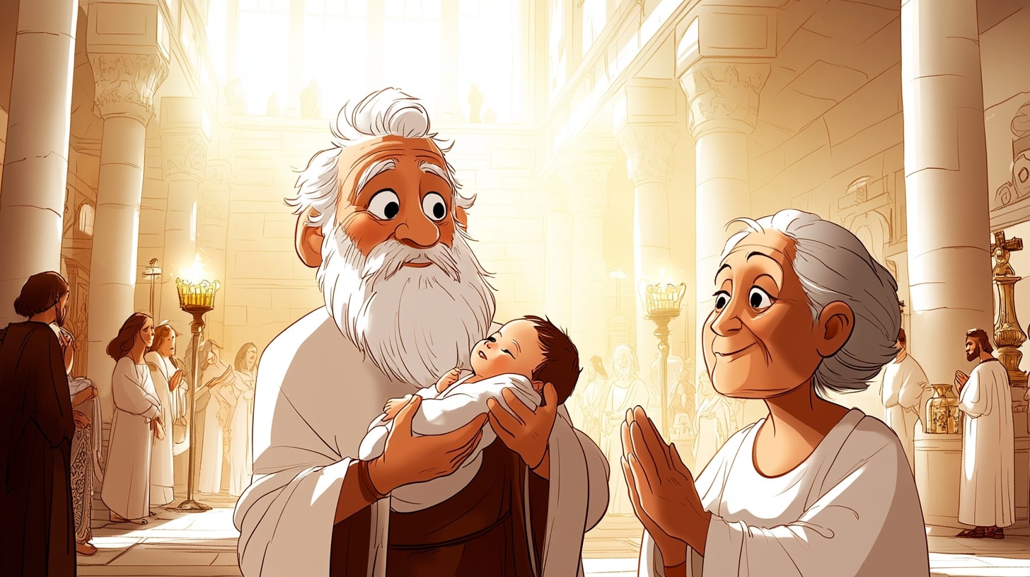 Simeon und Hanna begegnen Jesus im Tempel: Eine kindgerechte Bibelgeschichte mit Bildern zum Ausmalen für Kinder im Alter von 3–5 Jahren.
