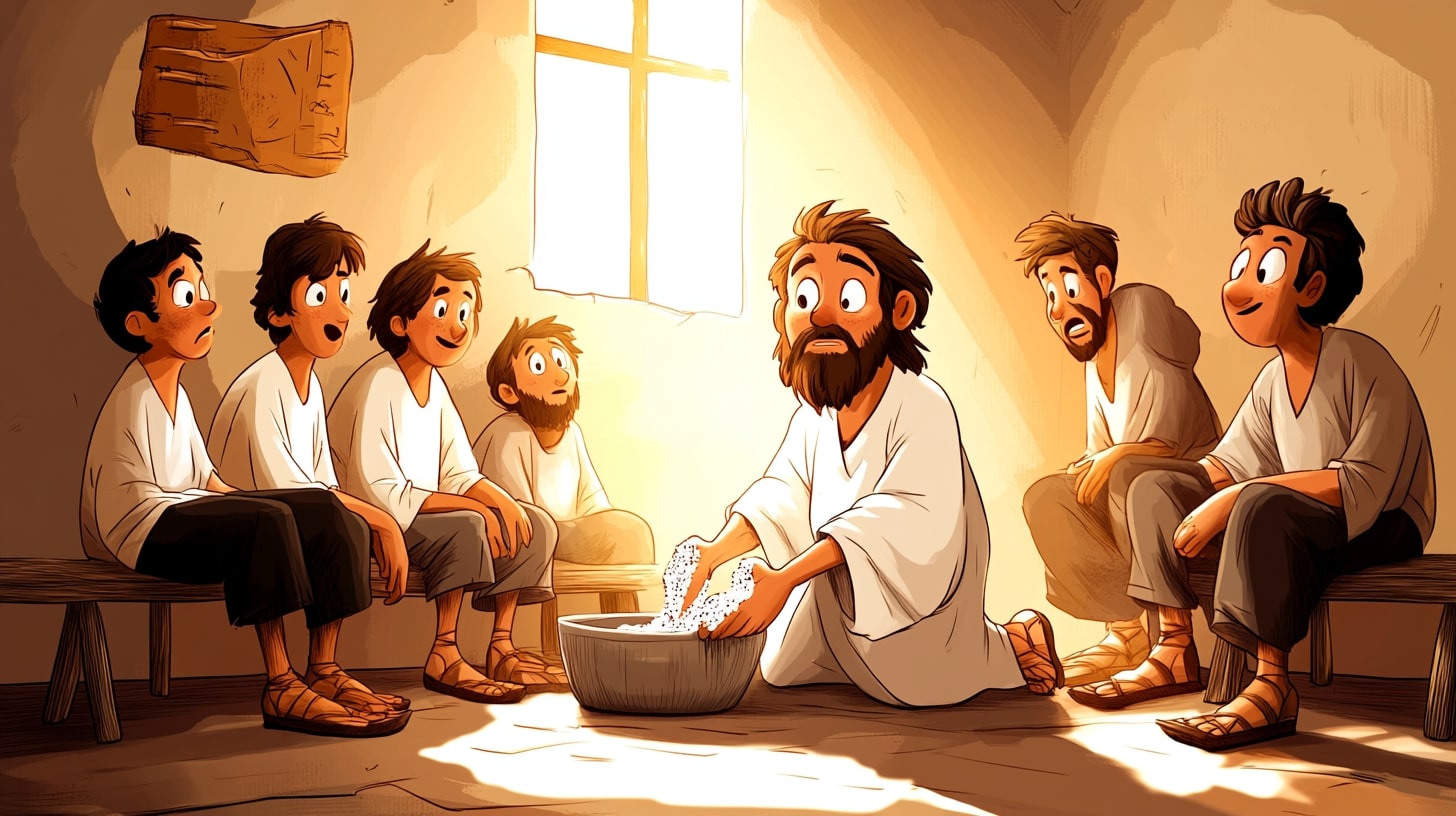Jesus wäscht seinen Jüngern die Füße: Eine kindgerechte Geschichte mit Ausmalbildern über Liebe, Demut und Gemeinschaft.
