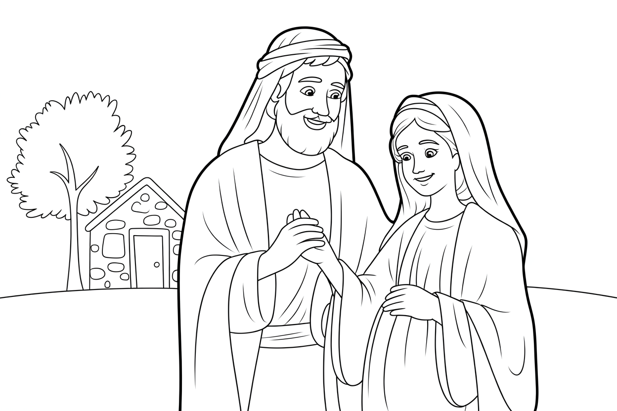 Josef_Maria_Zusammen_Ausmalbild – Josef und Maria stehen gemeinsam da, friedlich vereint nach Josefs Traum. Kindliches Ausmalbild mit starker Botschaft.