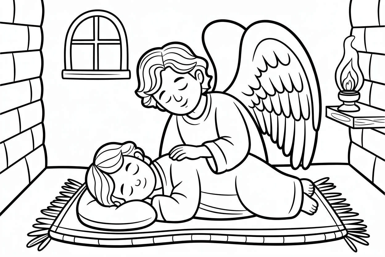Josef_Engel_Traum_Ausmalbild – Josef schläft, ein Engel steht neben ihm mit ausgestreckter Hand. Kindgerechtes Ausmalbild zur Adventsgeschichte.