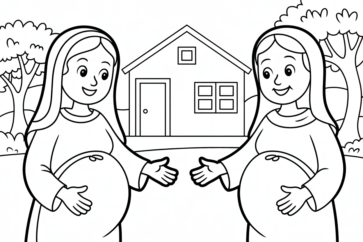 Maria_Elisabeth_Begegnung_Ausmalbild – Maria und Elisabeth stehen sich gegenüber, beide sichtbar schwanger, freundlich und fröhlich im Gespräch, als Ausmalbild für Kinder.