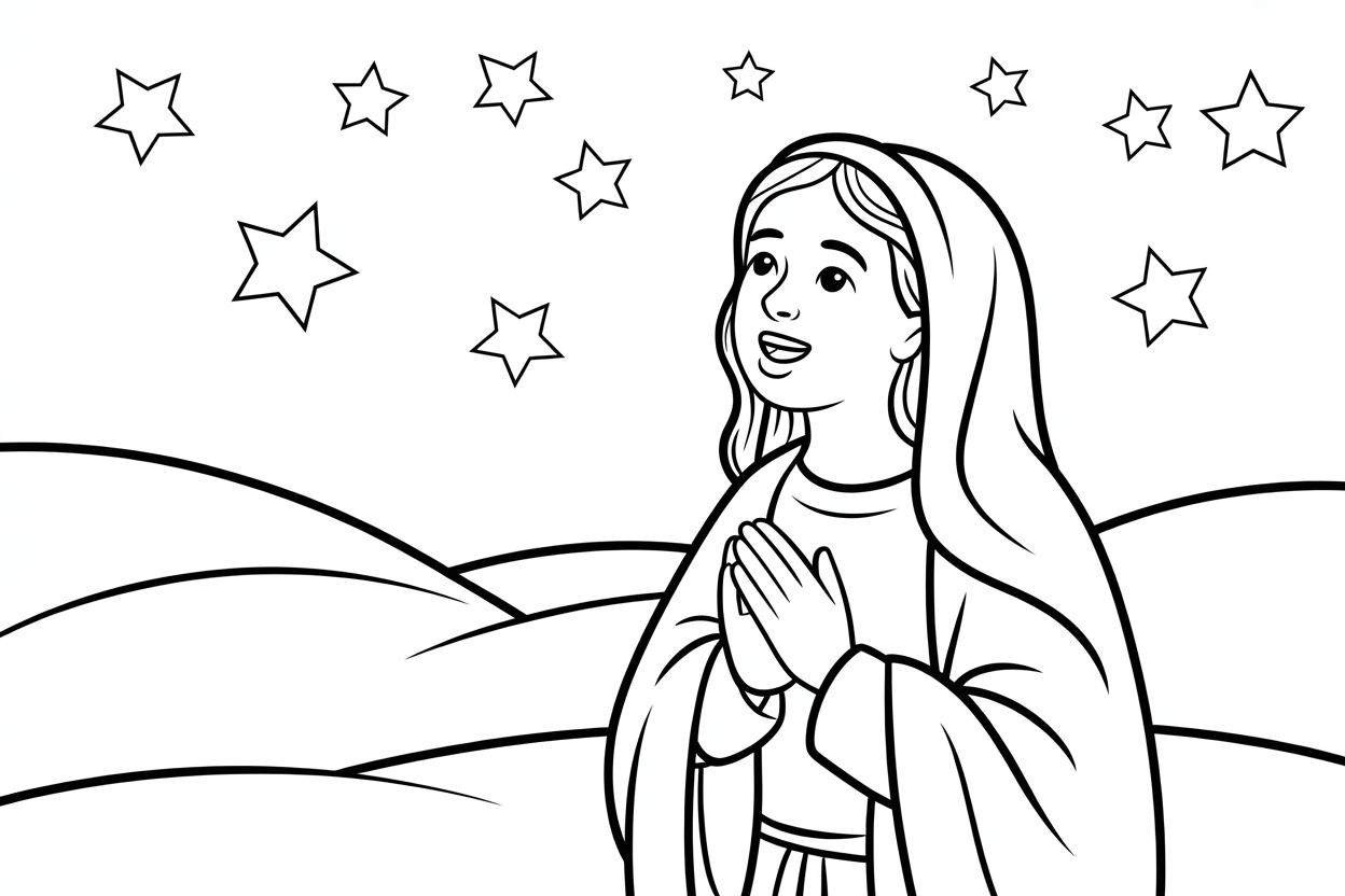 Maria_Lobgesang_Himmel_Ausmalbild – Maria lobt Gott unter dem Sternenhimmel, Hände gefaltet, Blick nach oben.