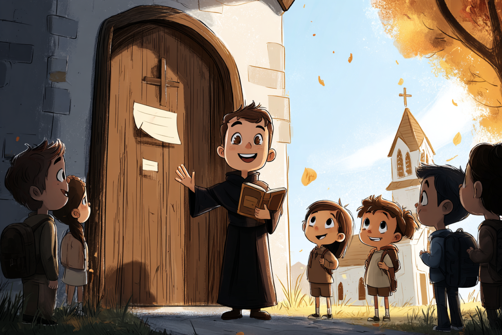Martin Luther Reformationstag Titelbild mit jungem Reformator vor Kirchentür, der Kindern die Thesen erklärt, herbstliche Szene mit Kirche im Hintergrund