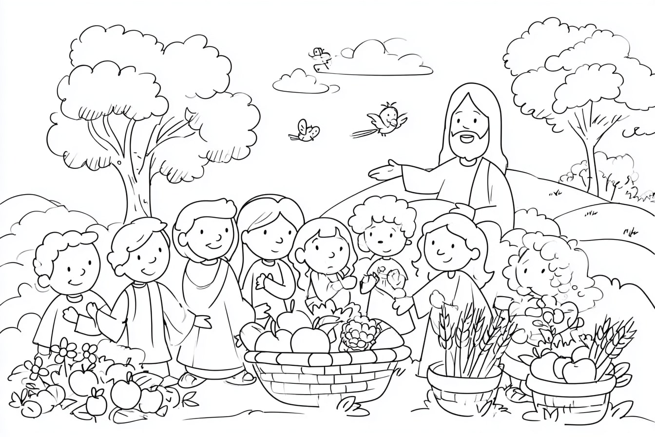 Ausmalbild Erntedank Kinderbibel mit Jesus und Kindern, die dankbar um Erntekörbe mit Obst und Getreide versammelt sind