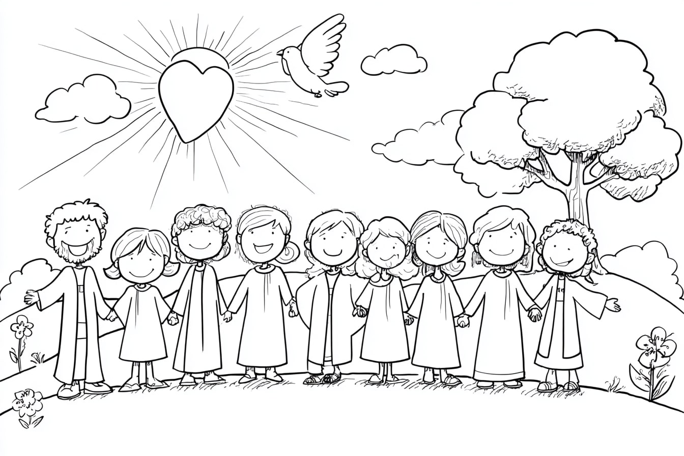 Allerheiligen Feiertag Kinderbibelgeschichte Ausmalbild mit fröhlichen Kindern, die sich an den Händen halten, Herzsymbol am Himmel und christlichen Symbolen wie Taube und Sonne