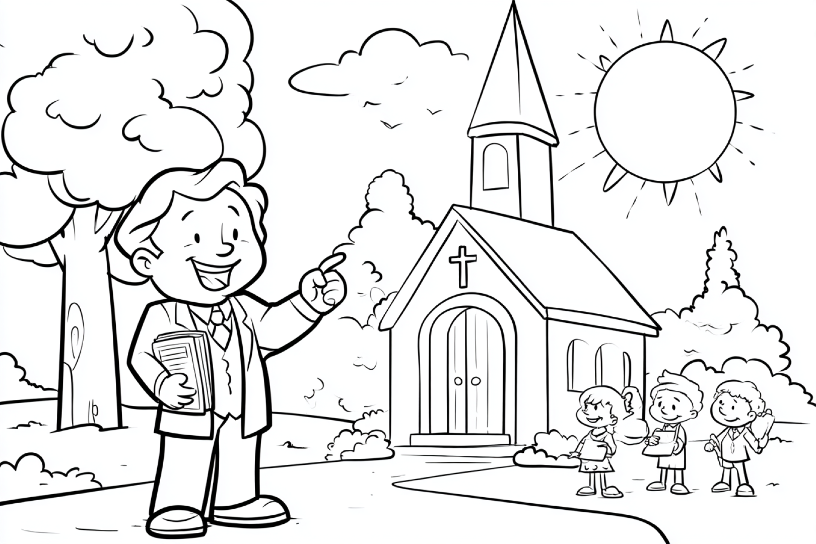 Martin Luther Ausmalbild mit fröhlichem Kind in Luther-Gewand, Bibel und Thesenpapier vor Kirche, umgeben von lachenden Kindern