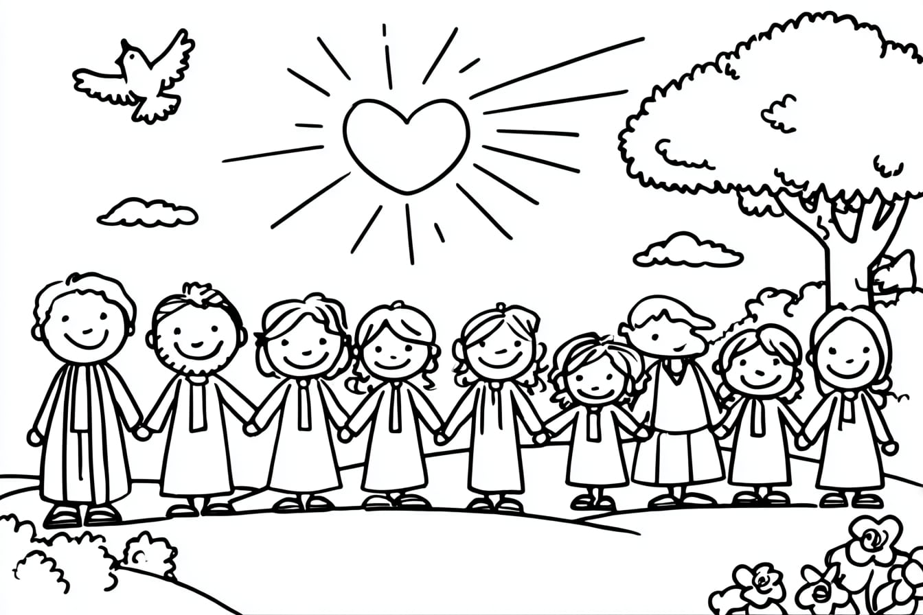 Allerheiligen Ausmalbild mit Kindern, die sich an den Händen halten, Herzsymbol in der Sonne, Taube im Himmel und christlicher Naturkulisse