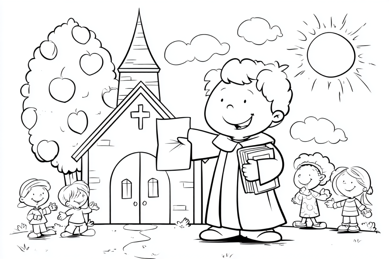 Reformationstag Ausmalbild mit fröhlichem Pastor, Bibel in der Hand, vor einer Kirche und Kindern im Hintergrund