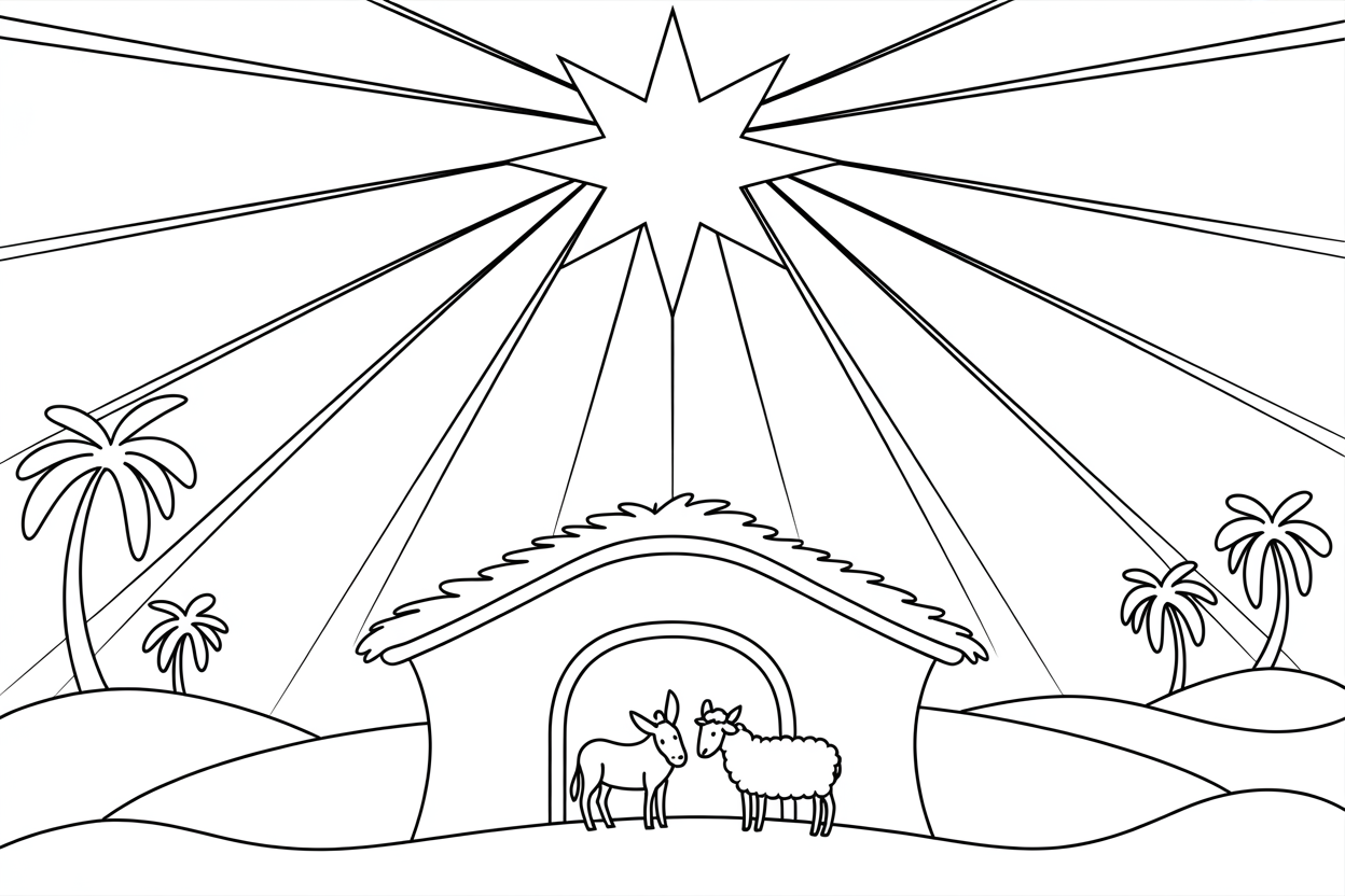 Der_Stern_von_Bethlehem_Ausmalbild_Stall – Der Stern leuchtet über dem Stall von Bethlehem. Eine ruhige Szene zum Ausmalen.