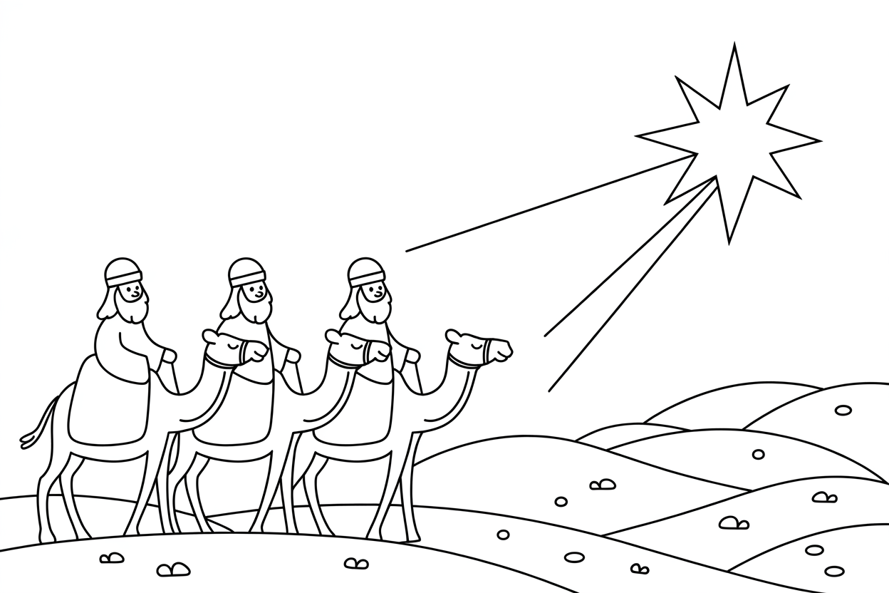 Der_Stern_von_Bethlehem_Ausmalbild_Weise – Drei weise Männer folgen dem Stern durch die Nacht.