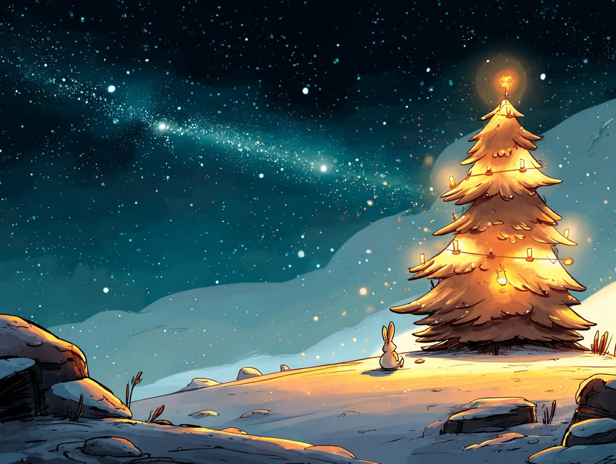Ein kleiner Hase sitzt auf einer verschneiten Anhöhe und blickt zu einem hell leuchtenden Weihnachtsbaum mit goldenen Kerzen unter einem klaren Sternenhimmel.