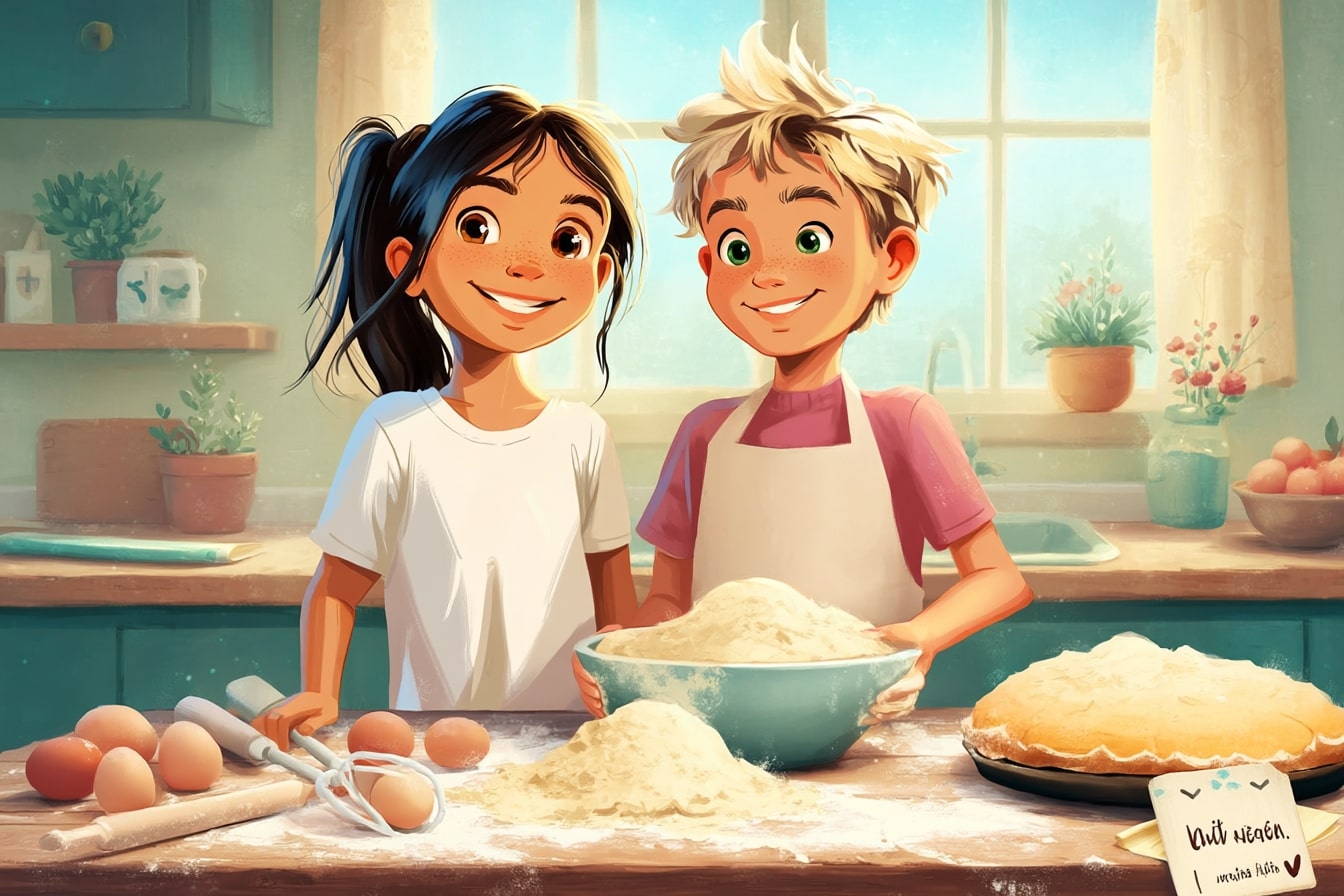 Backspaß in der Küche: Mama und die Kinder bereiten Kuchen für die kranke Gemeindefrau, erleben dadurch die Freude am Dienen und teilen Gottes Liebe.