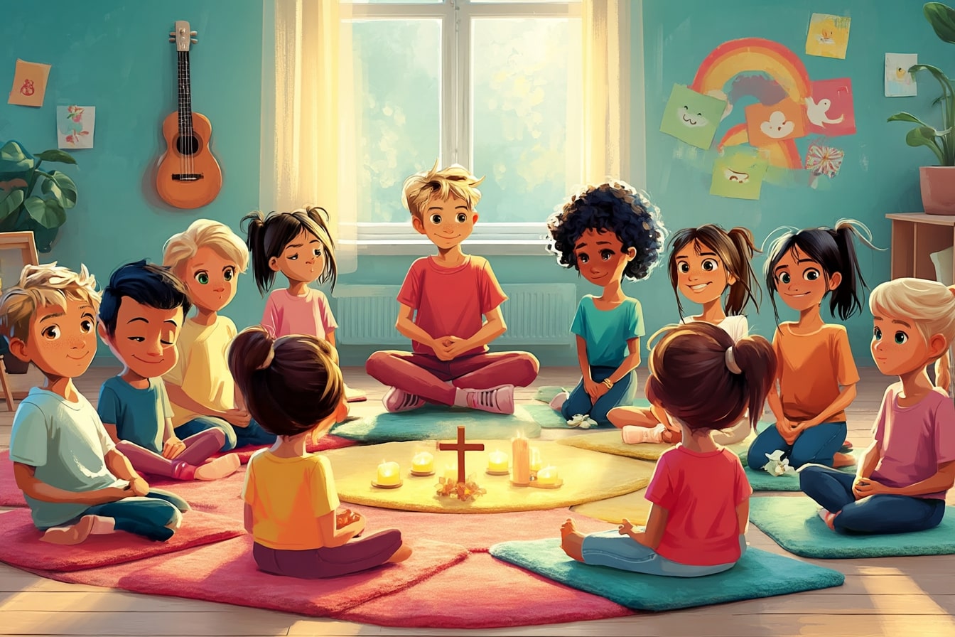 Erleben Sie die Kraft der Gemeinschaft: Gemeinsam beten im Kindergottesdienst und spüren, wie stark die Kinderstimmen im Kreis werden.