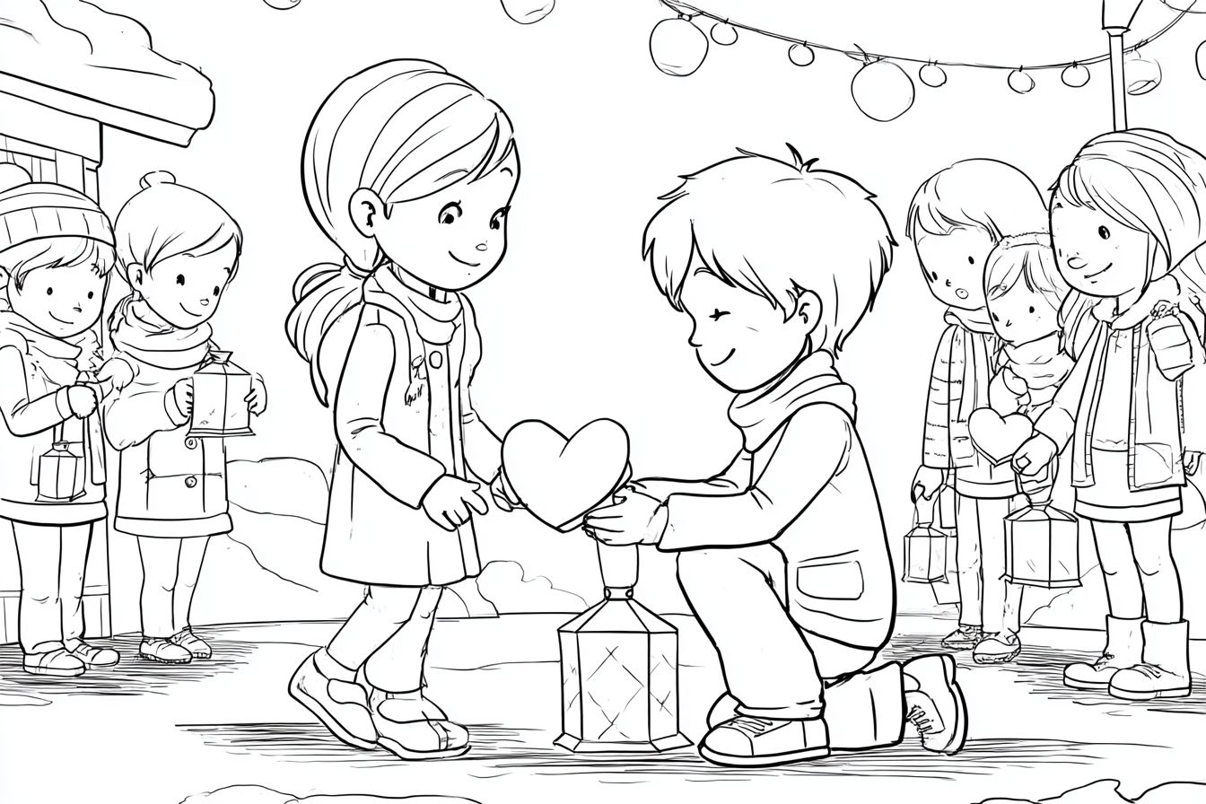 Hanna_Herz_Laterne_Ausmalbild – Hanna schenkt einem Jungen das Herz aus ihrer Laterne. Szene des Teilens für Kinder zum Ausmalen.
