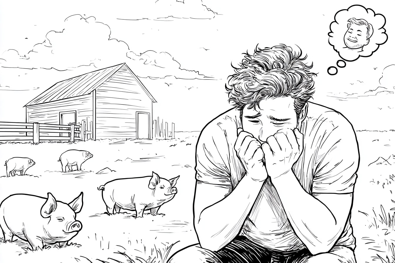 Verlorener_Sohn_bei_Schweinen_Ausmalbild – Der Sohn sitzt traurig bei den Schweinen und denkt an seinen Vater.