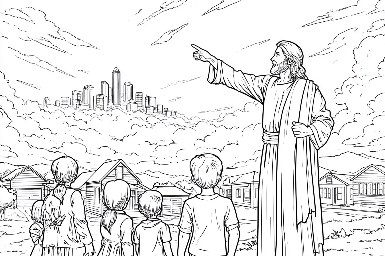 Jesus_Wohnung_Himmel_Ausmalbild – Jesus zeigt den Kindern den Himmel – ein Ort voller Licht und Frieden.