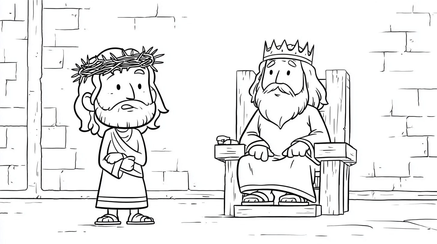 Christkönigssonntag_Ausmalbild_Jesus_vor_Pilatus – Jesus steht ruhig vor Pilatus und antwortet: „Mein Reich ist nicht von dieser Welt.“ Ein Ausmalbild für den Christkönigssonntag.