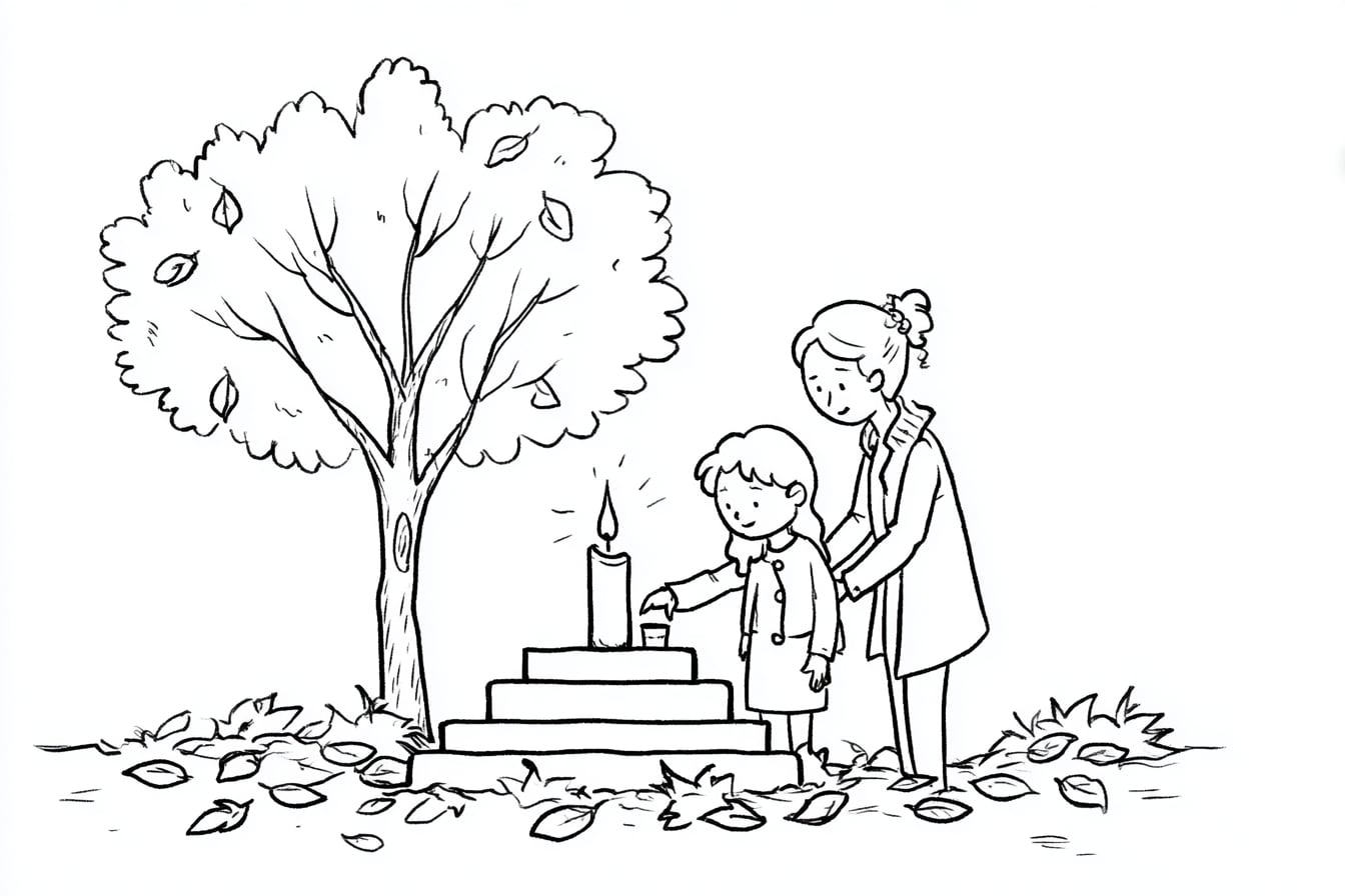 Ewigkeitssonntag_Kerze_Grab_Ausmalbild – Mädchen stellt eine Kerze auf Omas Grab. Eine Szene voller Trost und Hoffnung.