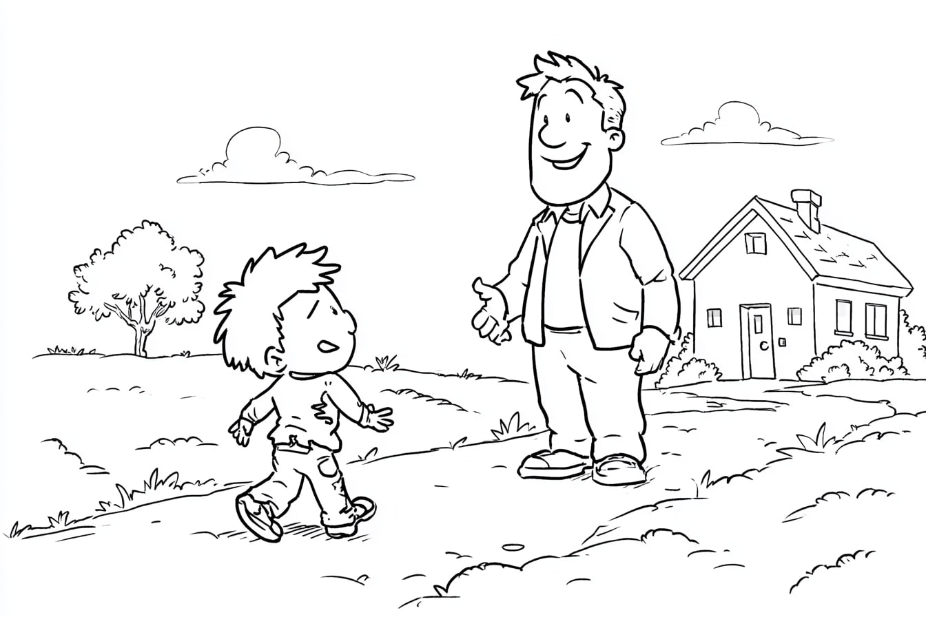 Verlorener_Sohn_Rückkehr_Ausmalbild – Der verlorene Sohn kehrt nach Hause zurück. Sein Vater läuft ihm voller Freude entgegen.