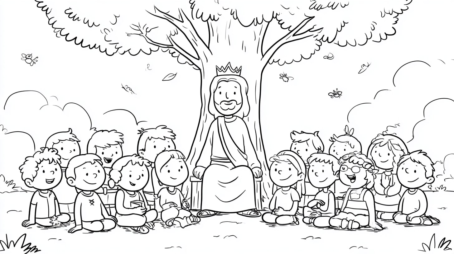 Christkönigssonntag_Ausmalbild_Jesus_mit_Kindern – Jesus sitzt als König unter einem Baum, fröhliche Kinder um ihn herum. Ein warmes Bild für den Christkönigssonntag.