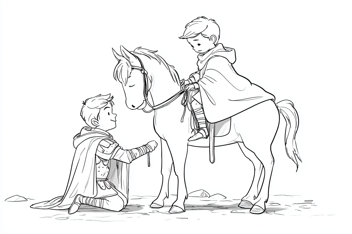 Martin_teilt_Mantel_Ausmalbild – Martin auf dem Pferd teilt seinen Mantel mit einem frierenden Mann. Bibelnahes Ausmalbild zur Geschichte vom Teilen.