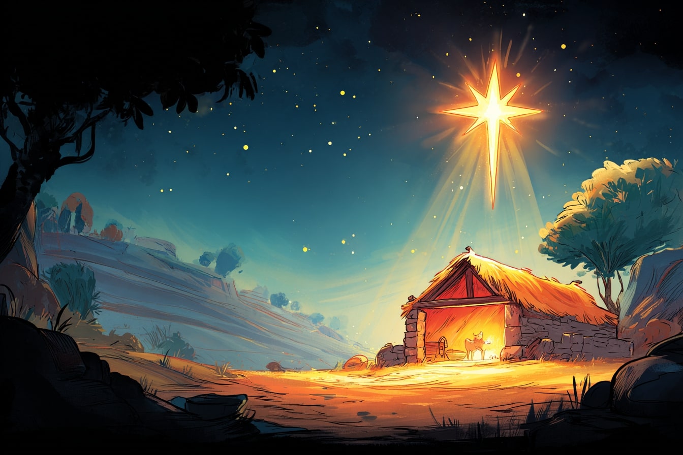 Der_Stern_von_Bethlehem_Titelbild – Ein heller Stern leuchtet über dem Stall von Bethlehem. Friedliche Nacht, sanftes Licht. Das Bild erinnert an die Geburt von Jesus Christus.