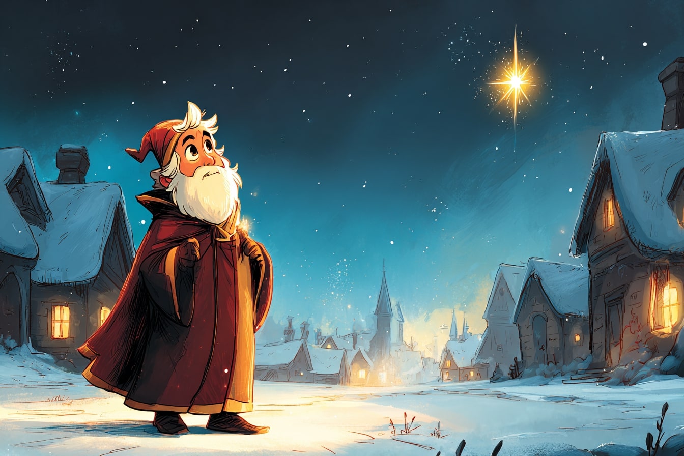 Nikolaus_Titelbild_bei_Nacht – Nikolaus legt heimlich Gaben in Schuhe vor stillen Häusern. Eine friedliche Szene zur Adventszeit.