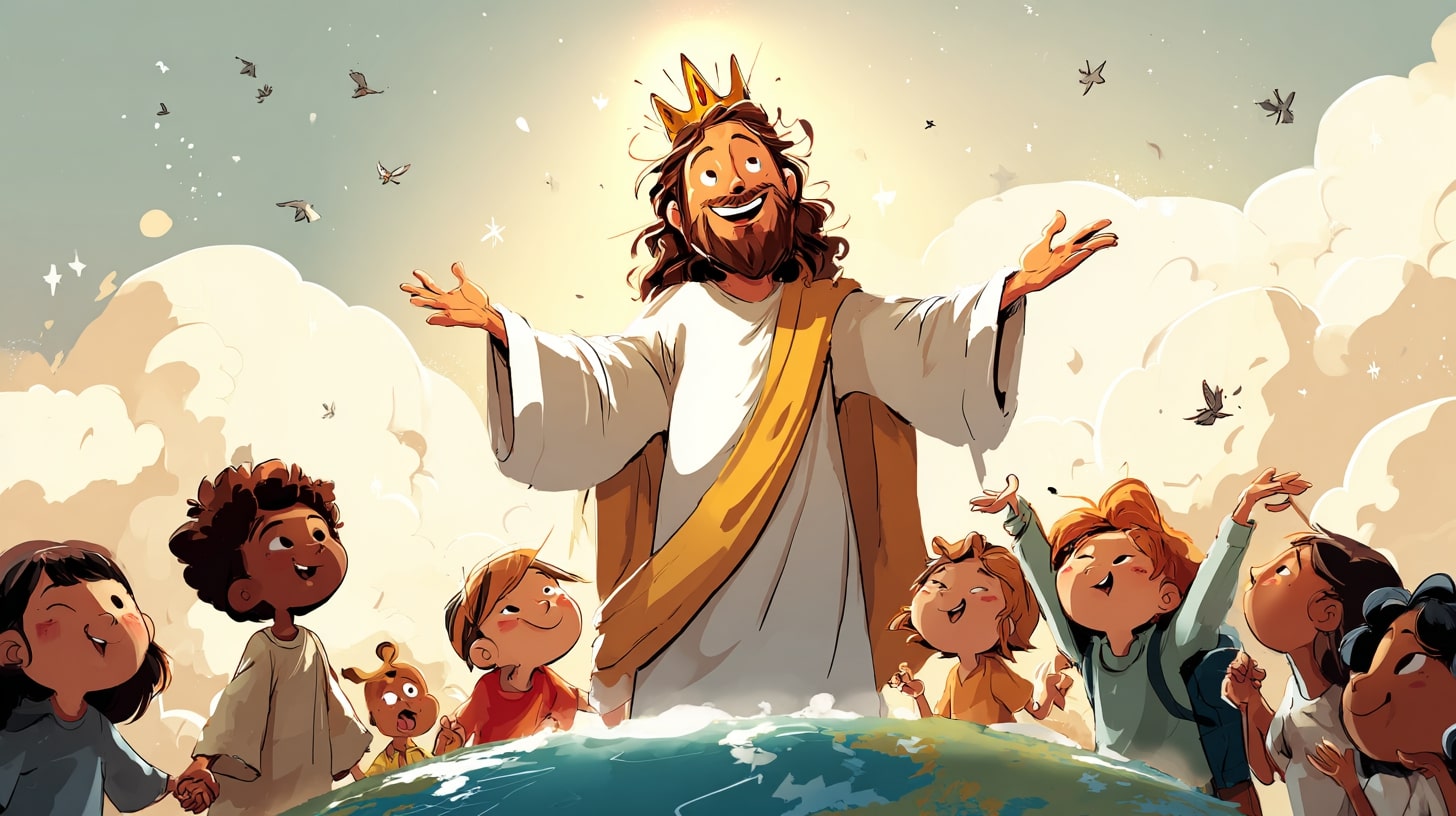 Christkönigssonntag_Titelbild – Jesus steht als König über der Welt, mit Kindern aus aller Welt. Ein liebevolles, kindgerechtes Bild für den Christkönigssonntag.